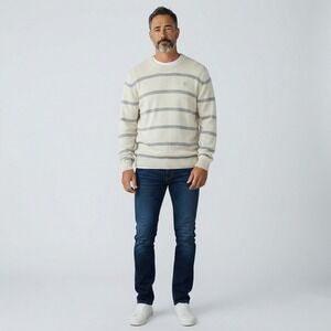 Chaps Mens XL Striped Crewneck Sweater 100% Cotton Cream Grey Long Sleeve NEW